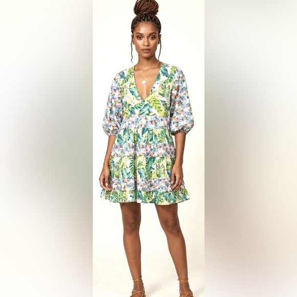 All Things Mochi Dresses & Skirts - All Things Mochi Liona Mini Dress Tropical Floral Fit Flare Green Size S